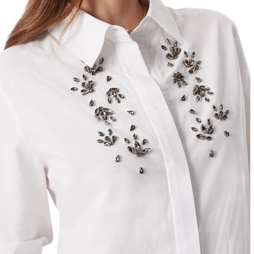 Sam Edelman Women’s Astrid Cotton Oversized Embellished Shirt White Size XS - Picture 2 of 3
